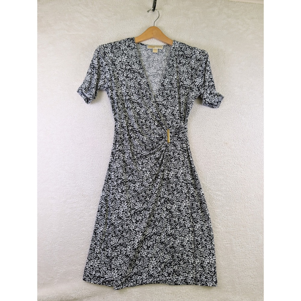 Michael Michael Kors Womens XS Black White Floral Faux Wrap Dress Gold Hardware